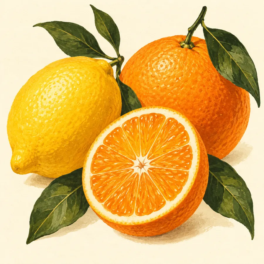 Illustration of a sunny yellow lemon and orange with green leaves